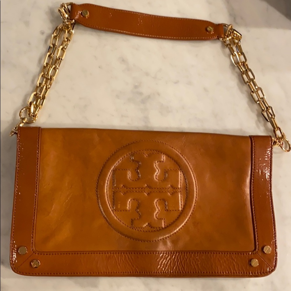 Tory Burch cognac leather clutch/shoulder bag